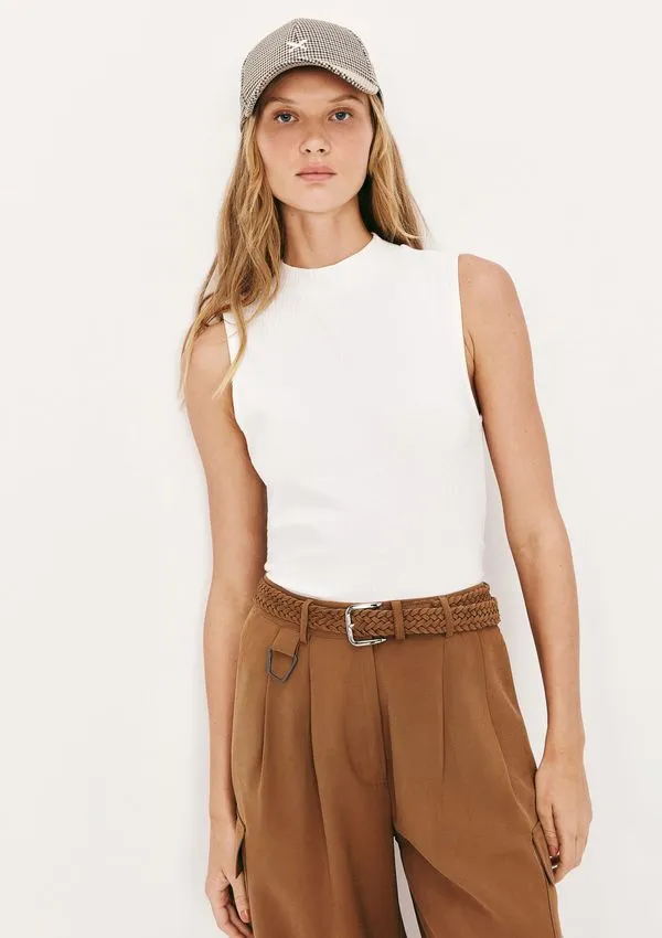 Regata Básica Feminina Gola Alta Em Ribana Canelada - Off white XP