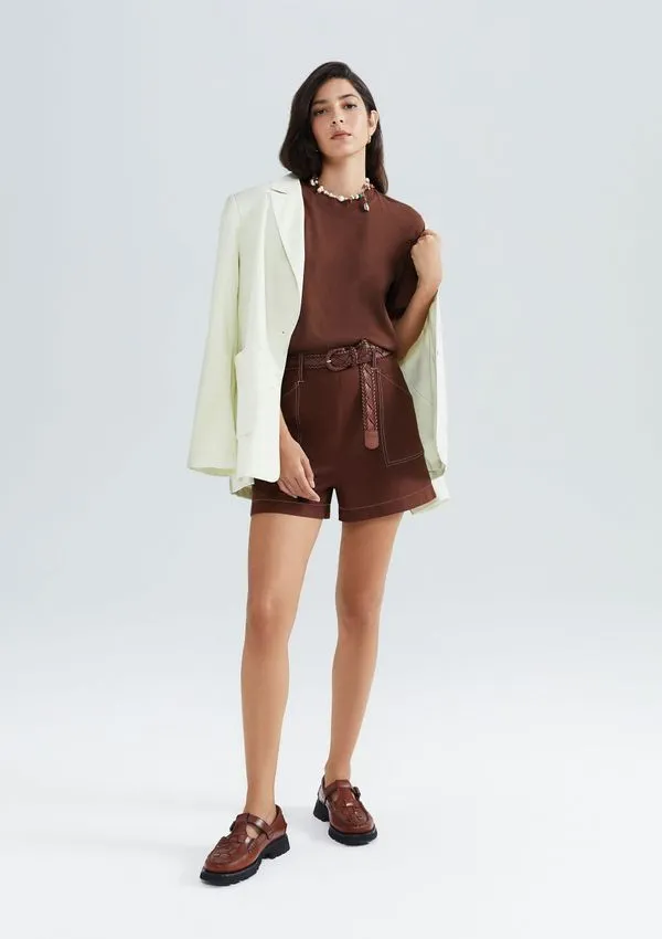 Shorts Feminino Cintura Alta Com Linho - Marrom 042