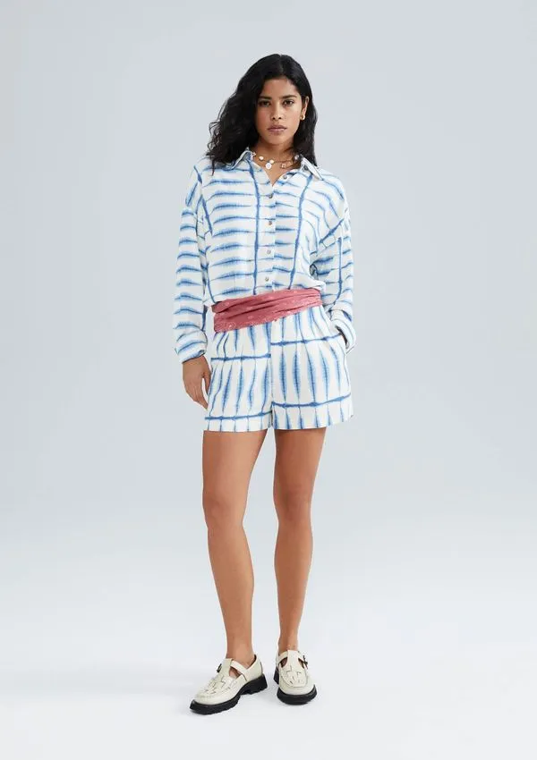 Shorts Feminino Estampado Em Viscolinho - Azul 040