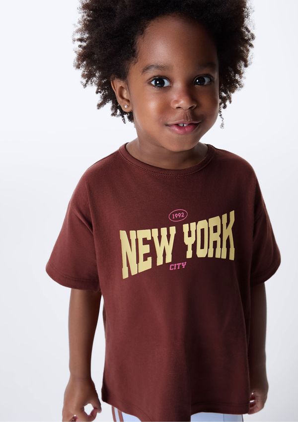 Camiseta Infantil Menina Estampada Oversized - Marrom 002