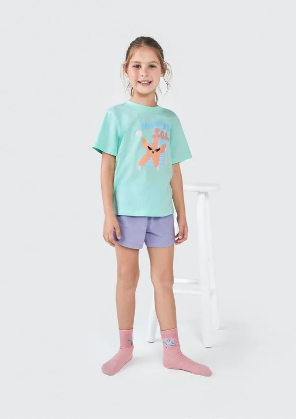 Pijama Infantil Menina Curto Com Estampa - Azul 014