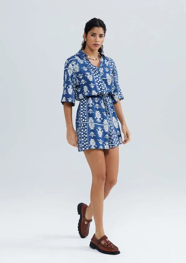 Macacão Curto Feminino Estampado - Azul G