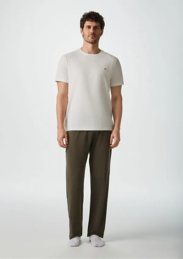 Pijama Longo Masculino Manga Curta Com Bordado - Off white P