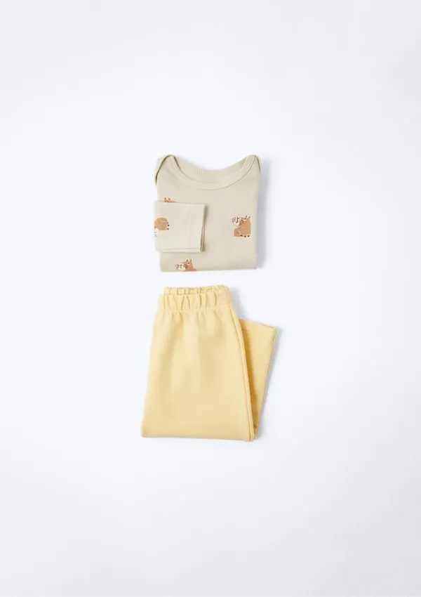 Conjunto Longo Bebê Menino Estampado - Bege 09M