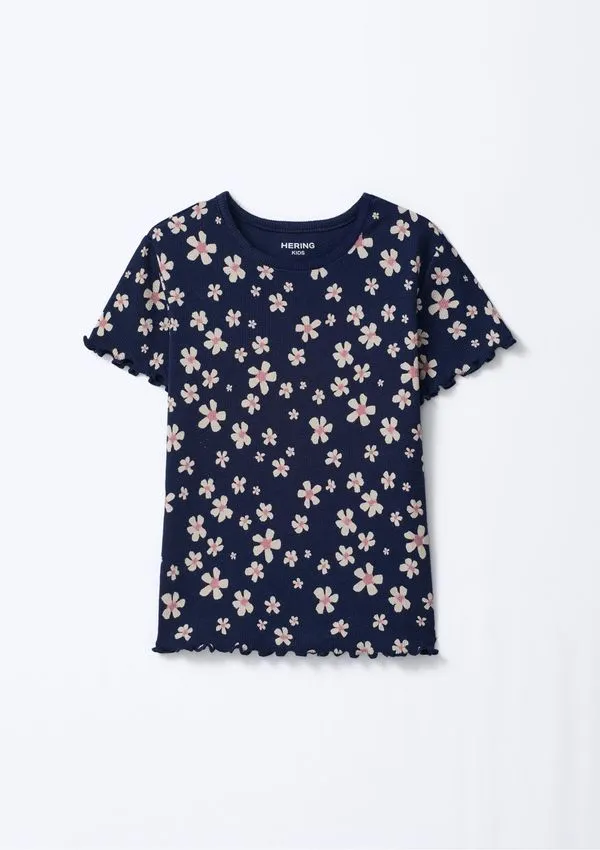 Blusa Infantil Menina Manga Curta Em Ribana Estampada - Azul 006