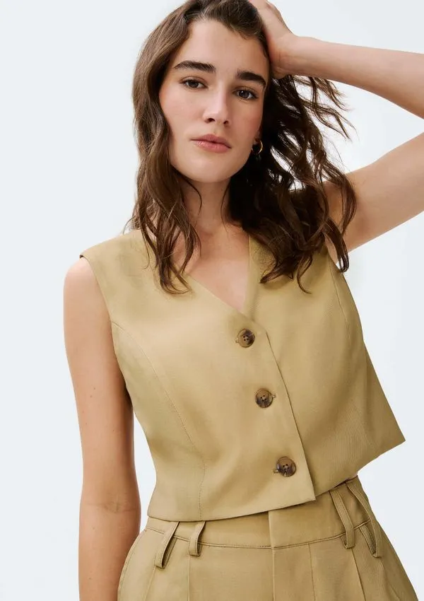 Colete Feminino Cropped Em Viscose - Caqui G