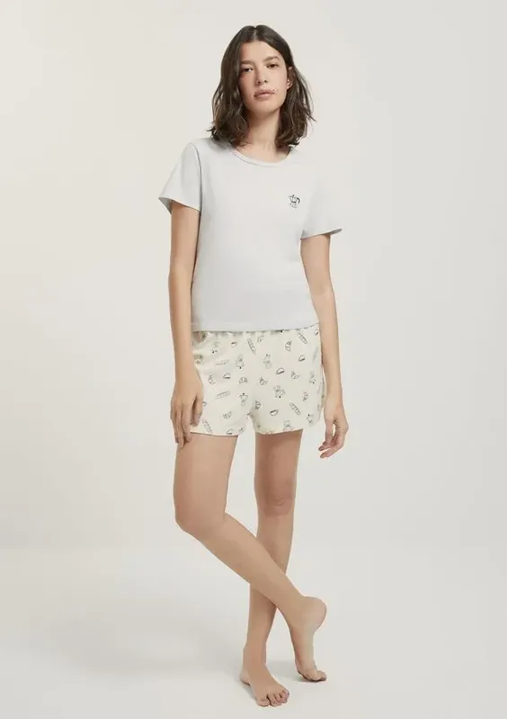 Pijama Curto Feminino Estampado - Cinza P
