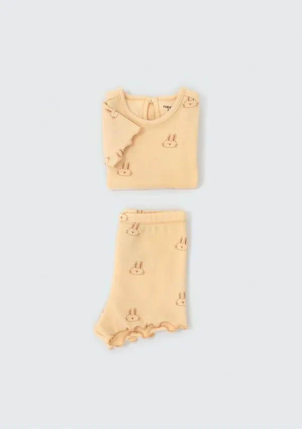 Conjunto Bebê Menina Estampado Com Babado - Amarelo 09M