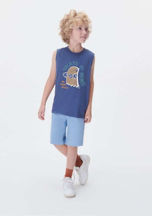 Regata Infantil Menino Em Malha De Algodão Com Estampa - Azul 005