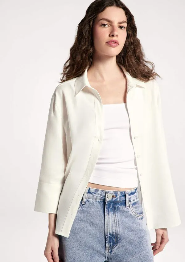 Camisa Feminina Manga 7/8 Com Linho - Off white G