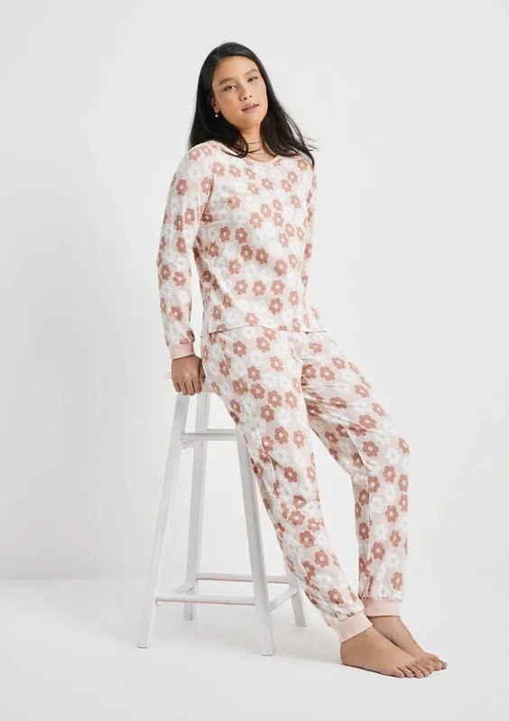 Pijama Longo Feminino Estampado Em Malha Flamê - Rosa XG
