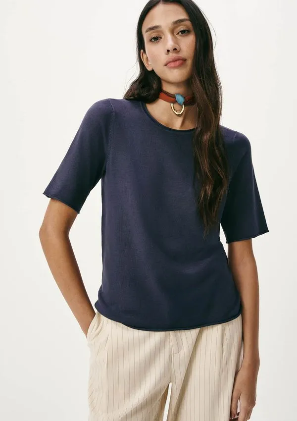 Blusa Feminina Manga Curta Em Tricô Leve - Azul XP
