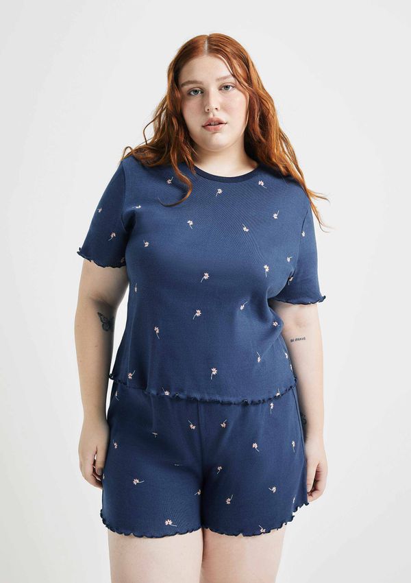 Pijama Curto Feminino Estampado Com Frufru - Azul M