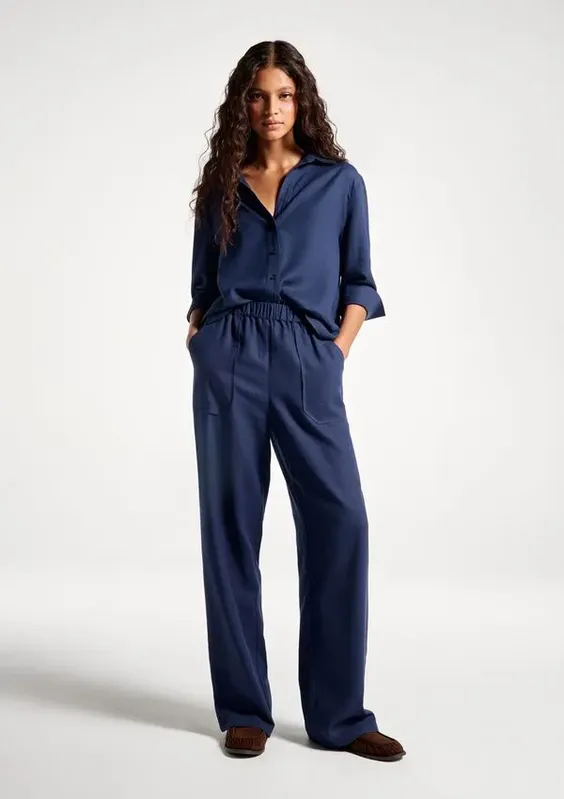 Camisa Feminina Manga 7/8 Com Linho - Azul G