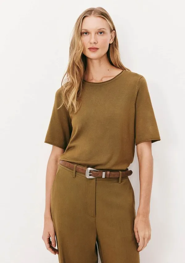 Blusa Feminina Manga Curta Em Tricô Leve - Marrom G