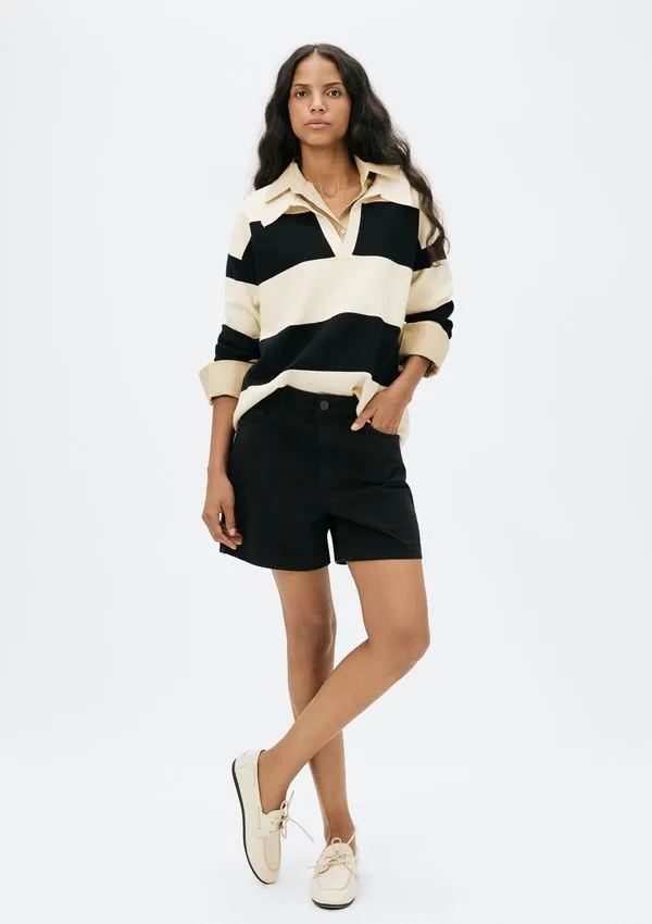 Shorts Básico Feminino Mom Cintura Alta Em Sarja - Preto 044