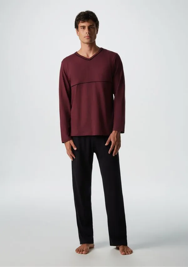 Pijama Longo Masculino Decote V - Vermelho P