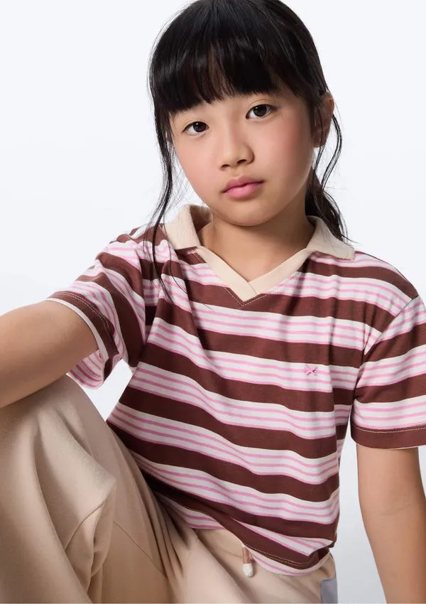 Blusa Polo Infantil Menina em Meia Malha Fio Tinto - Marrom 005