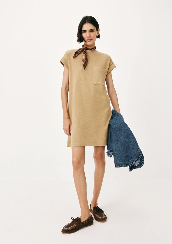 Vestido Básico Curto Texturizado Com Bolso - Caqui XP