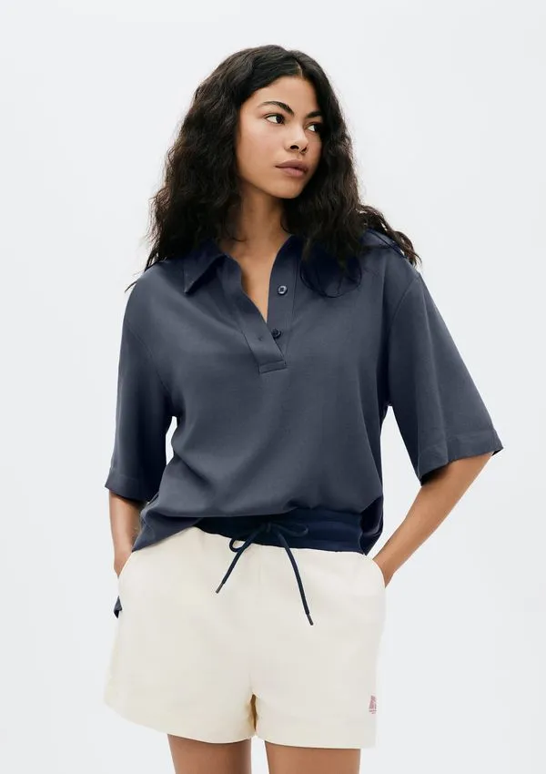 Camisa Polo Feminina Em Viscose Creponada - Azul M