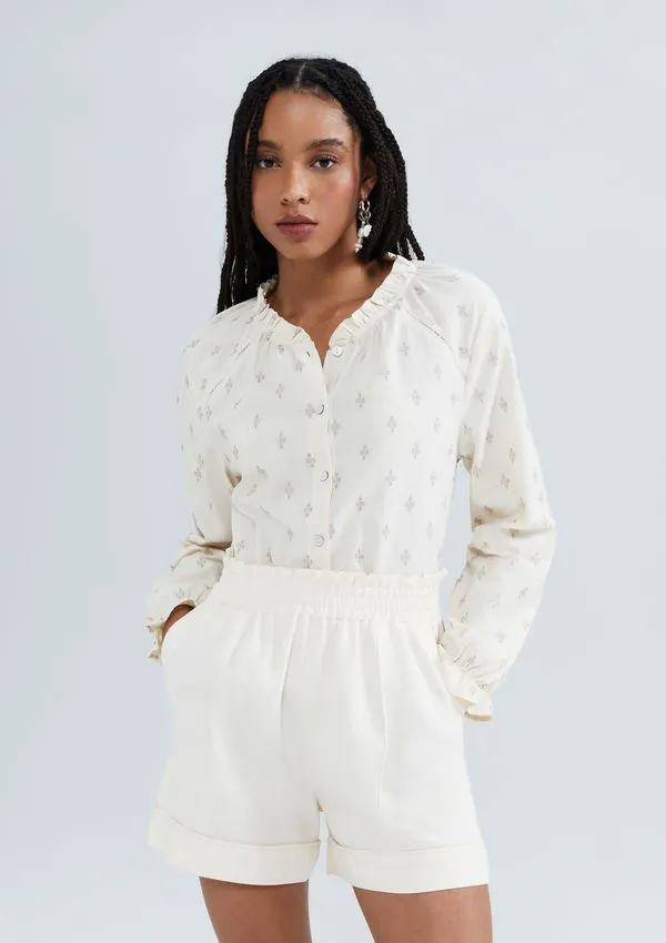 Shorts Feminino Cintura Alta Com Linho - Creme XG