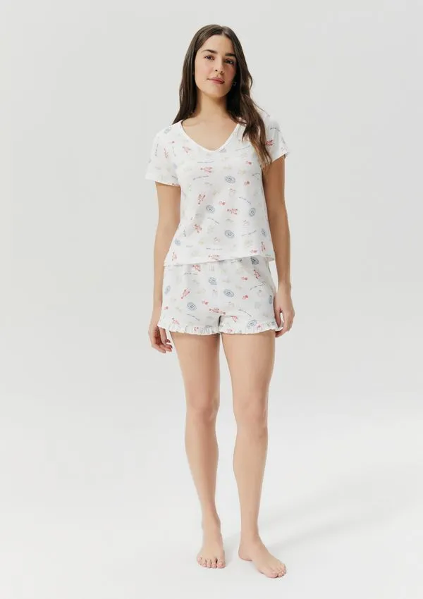 Pijama Curto Feminino Estampado Decote V - Off white XG