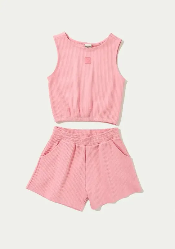 Conjunto Curto Infantil Menina Em Ribana Canelada - Rosa 008