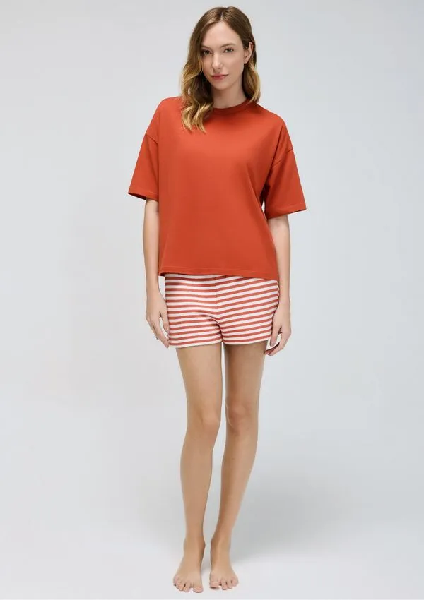 Pijama Curto Feminino Shorts Fio Tinto - Laranja G