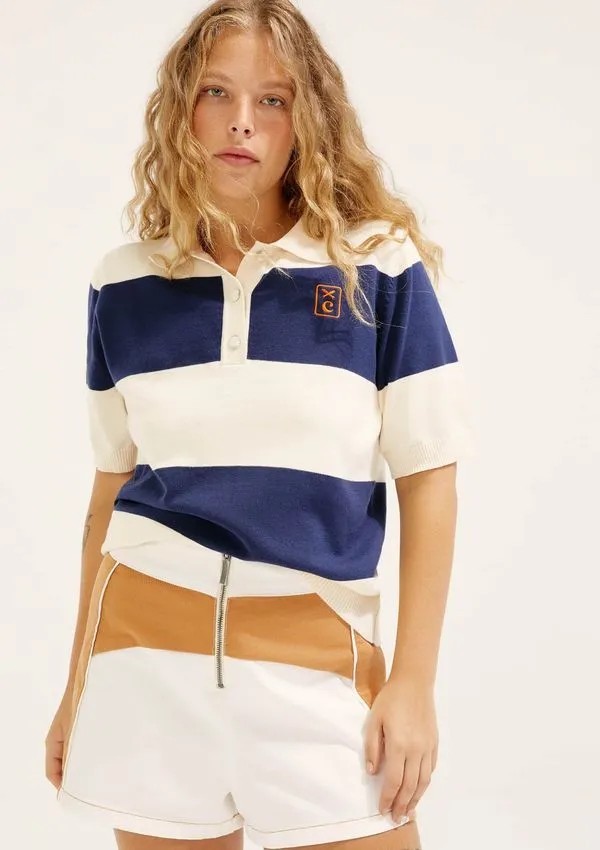 Camisa Polo Listrada Em Tricô Hering + Cosmo - Azul XP