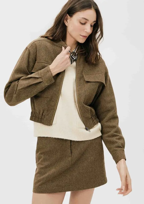 Jaqueta Feminina Bomber Fio Tinto Com Lã - Marrom XG