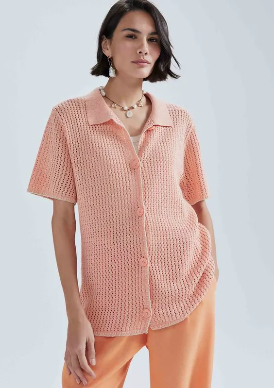 Camisa Feminina Manga Curta Em Tricô - Salmão M