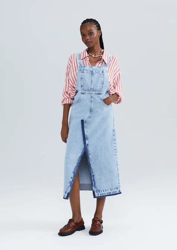 Salopete Jeans Longa Com Fenda - Azul M