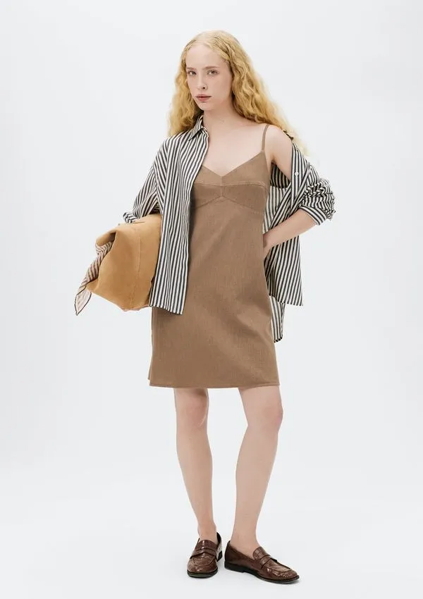 Vestido Curto Alças Finas Com Liocel - Marrom P