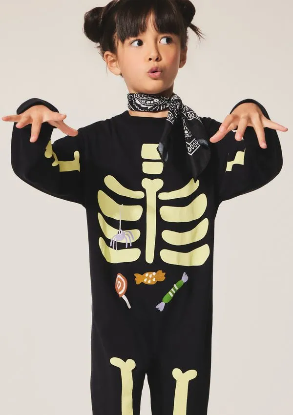 Macacão Fantasia Infantil Esqueleto Halloween - Preto 010