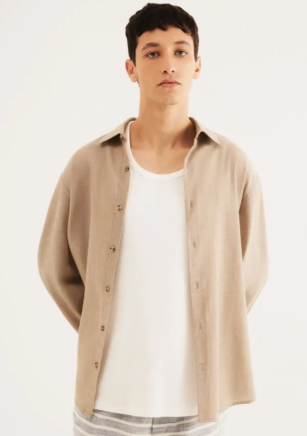 Camisa Masculina Manga Longa Fio Tinto - Bege XG