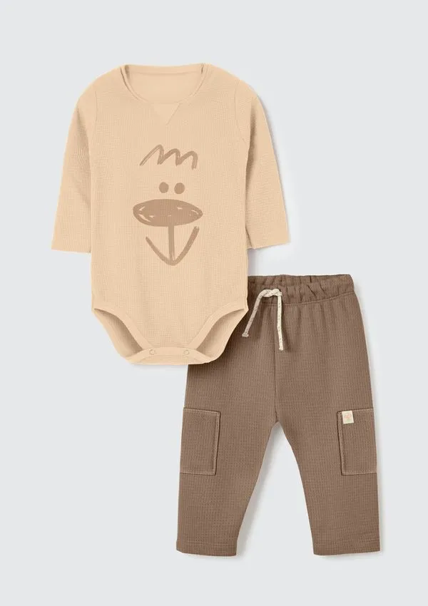 Conjunto Longo Bebê Menino Com Aplique - Bege RN