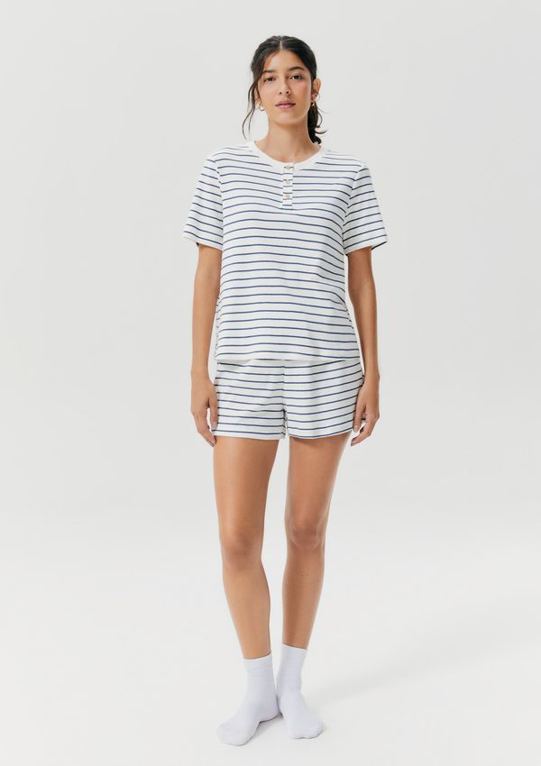 Pijama Curto Feminino Comfort Listrado Decote Henley - Azul XP