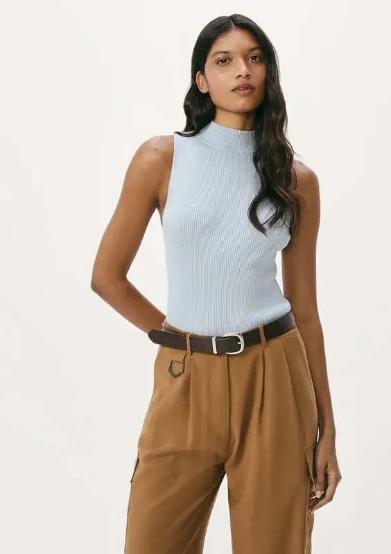 Regata Básica Feminina Gola Alta Em Tricô Canelado - Azul M