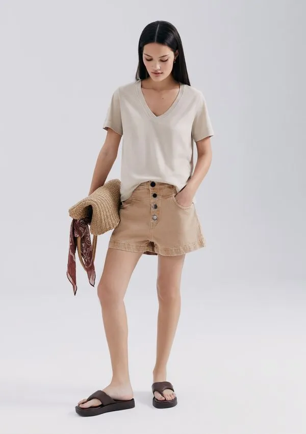 Shorts De Sarja Feminino Estonado - Bege 040