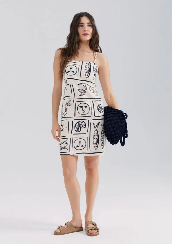 Vestido Curto Estampado Decote Quadrado - Creme M