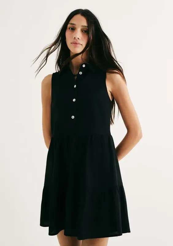 Vestido Curto Evasê Com Linho - Preto XP