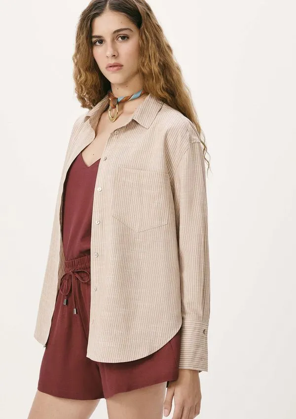 Camisa Feminina Listrada Em Liocel - Bege G