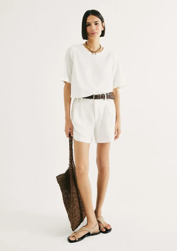 Shorts Feminino De Alfaiataria Em Linho - Off white 034