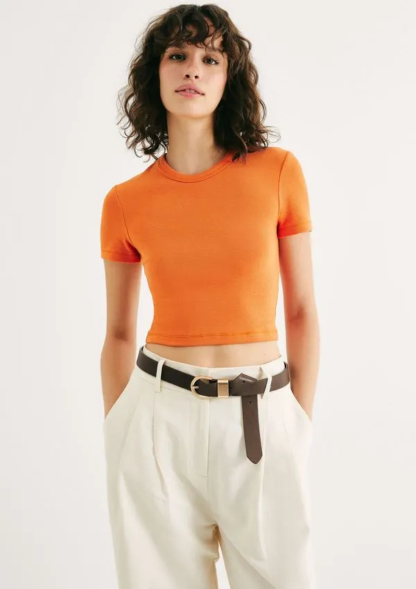 Blusa Básica Feminina Cropped Em Ribana Canelada - Laranja P