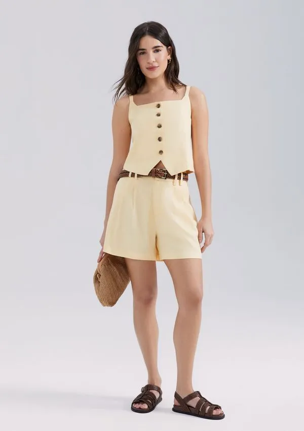 Shorts Feminino Em Alfaiataria Com Linho - Amarelo 044