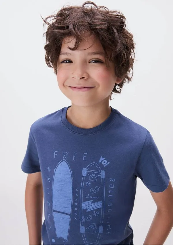 Camiseta Infantil Menino Manga Curta Com Estampa - Azul 016
