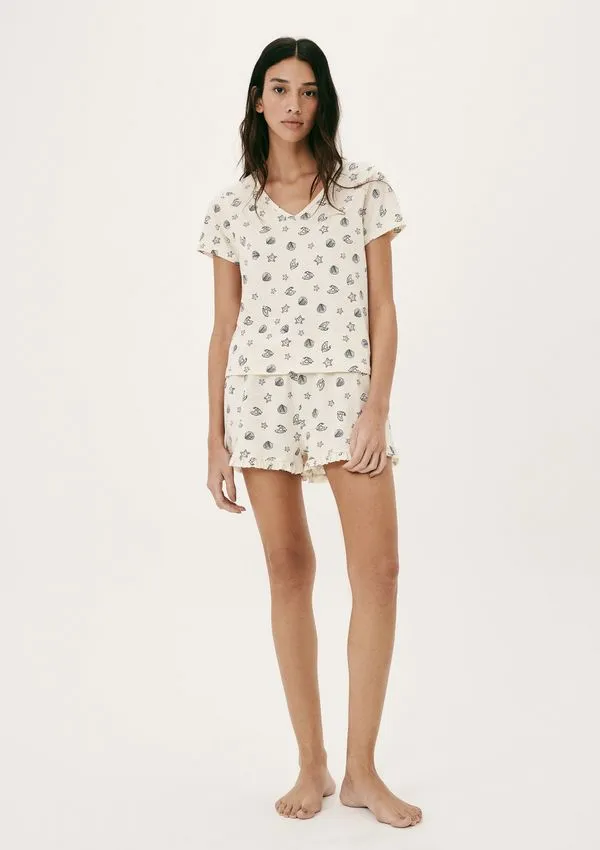 Pijama Curto Feminino Estampado Decote V - Creme P