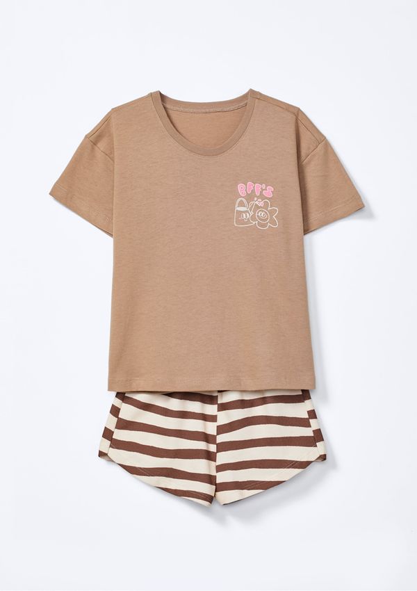 Conjunto Curto Infantil Menina Toddler Estampado - Marrom 001
