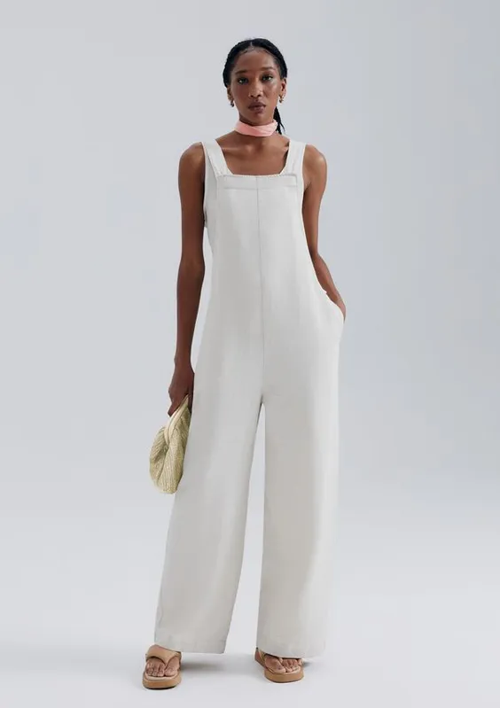 Jardineira Em Sarja Com Linho - Off white XG