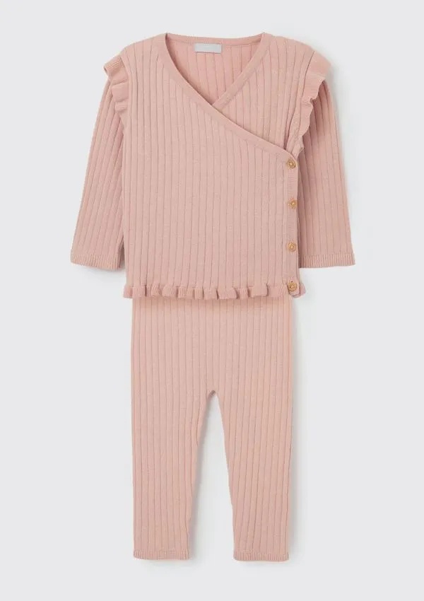 Conjunto Longo Bebê Menina Em Ribana Com Babado - Rosa RN